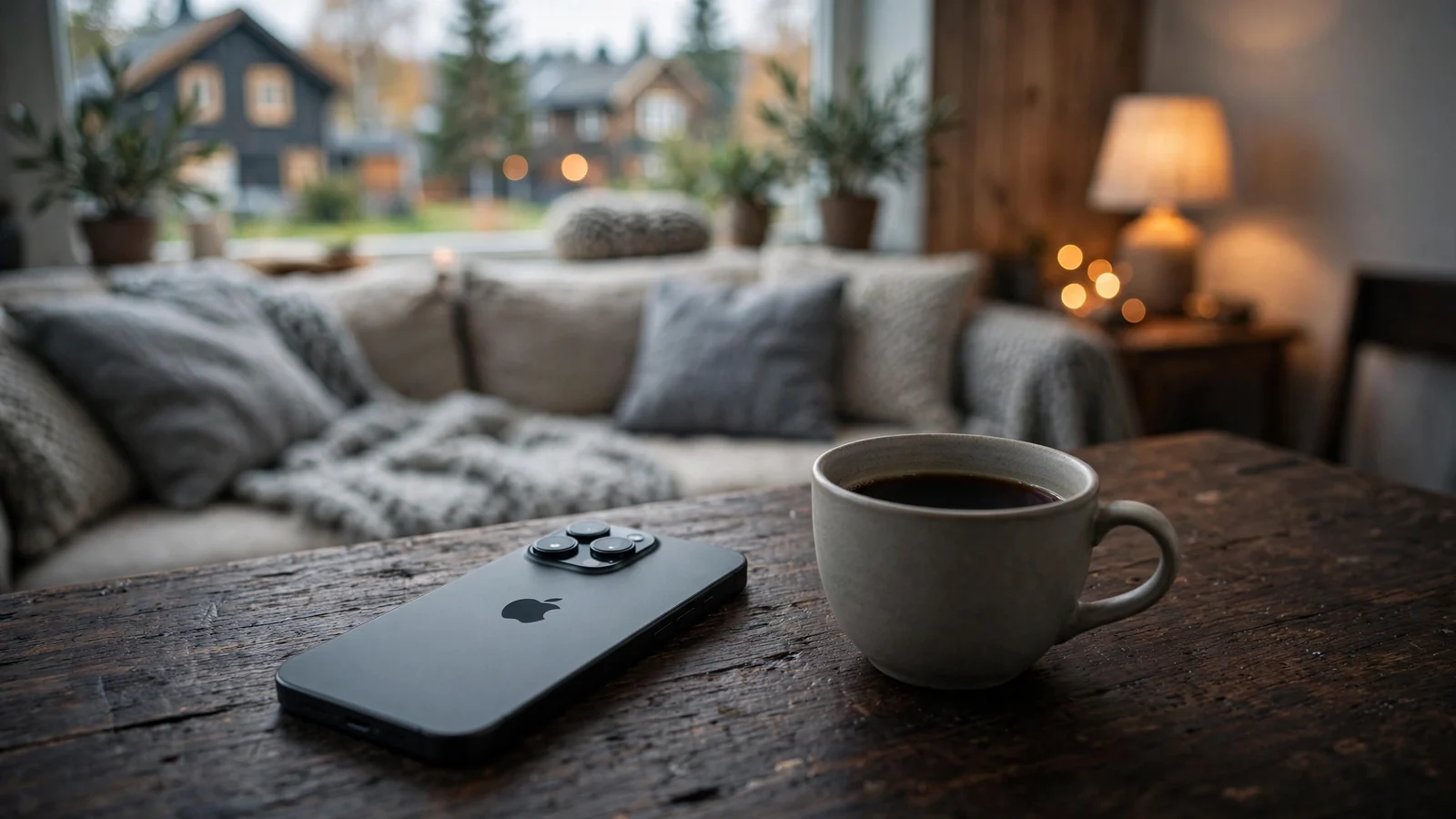 iPhone på et norsk hjemmebord ved siden av kaffekopp