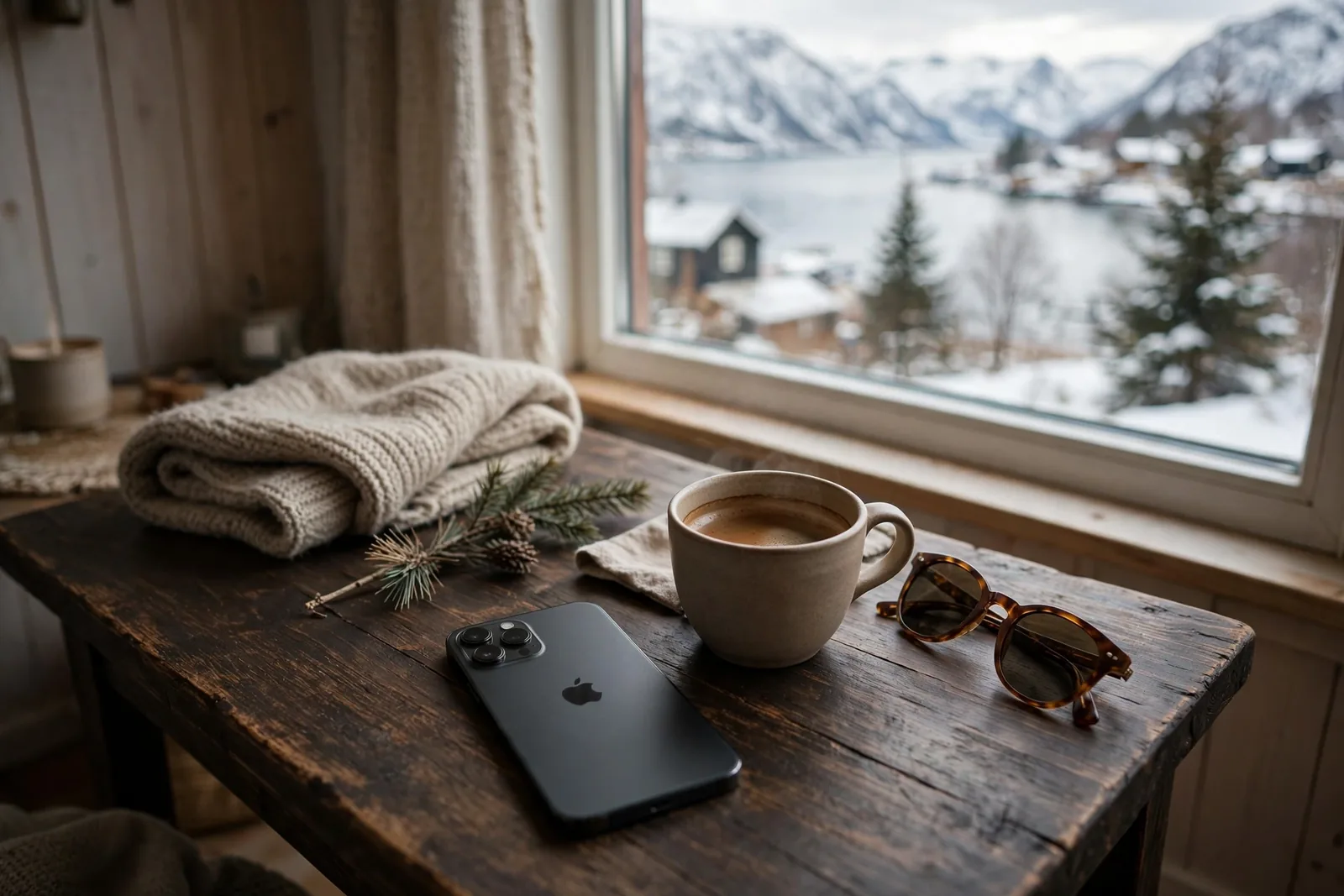 iPhone på et norsk fjordhus-bord ved siden av kaffe