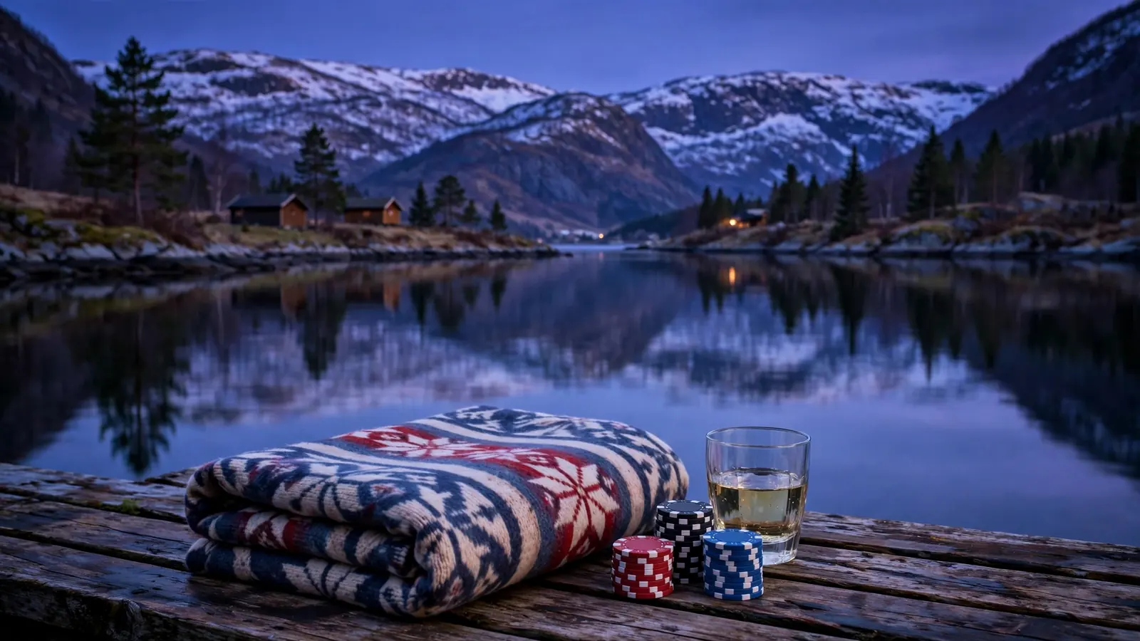 Norsk casinochips ved en stille fjord i skumringen