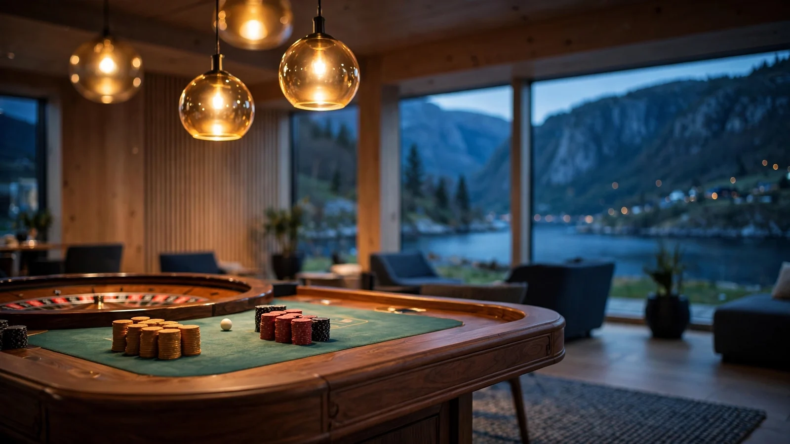 Moderne norsk casinolounge med roulettebord og fjordvindu