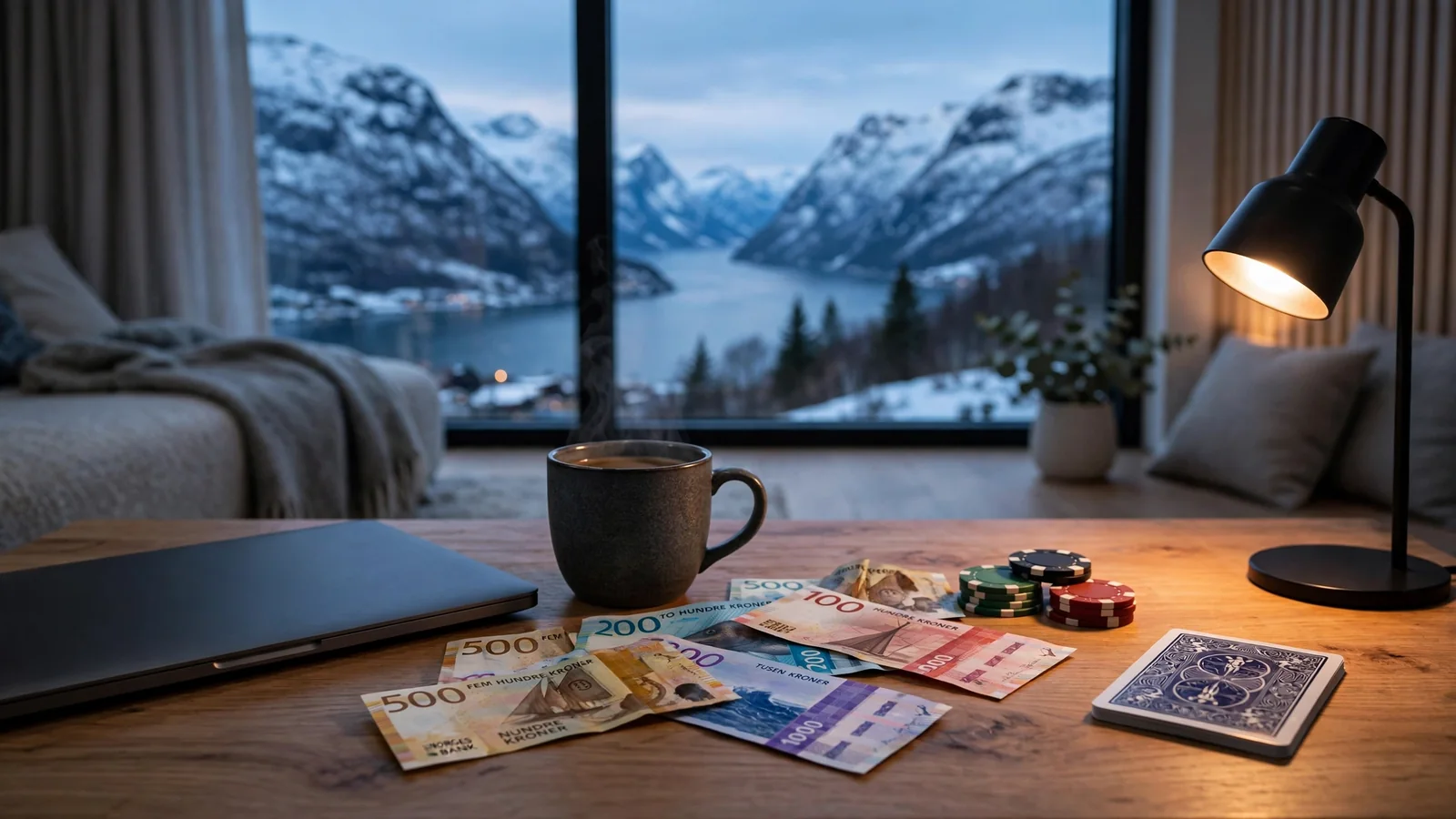 Norsk stue med laptop, kaffekopp, casinokuler og kroner ved fjordvindu