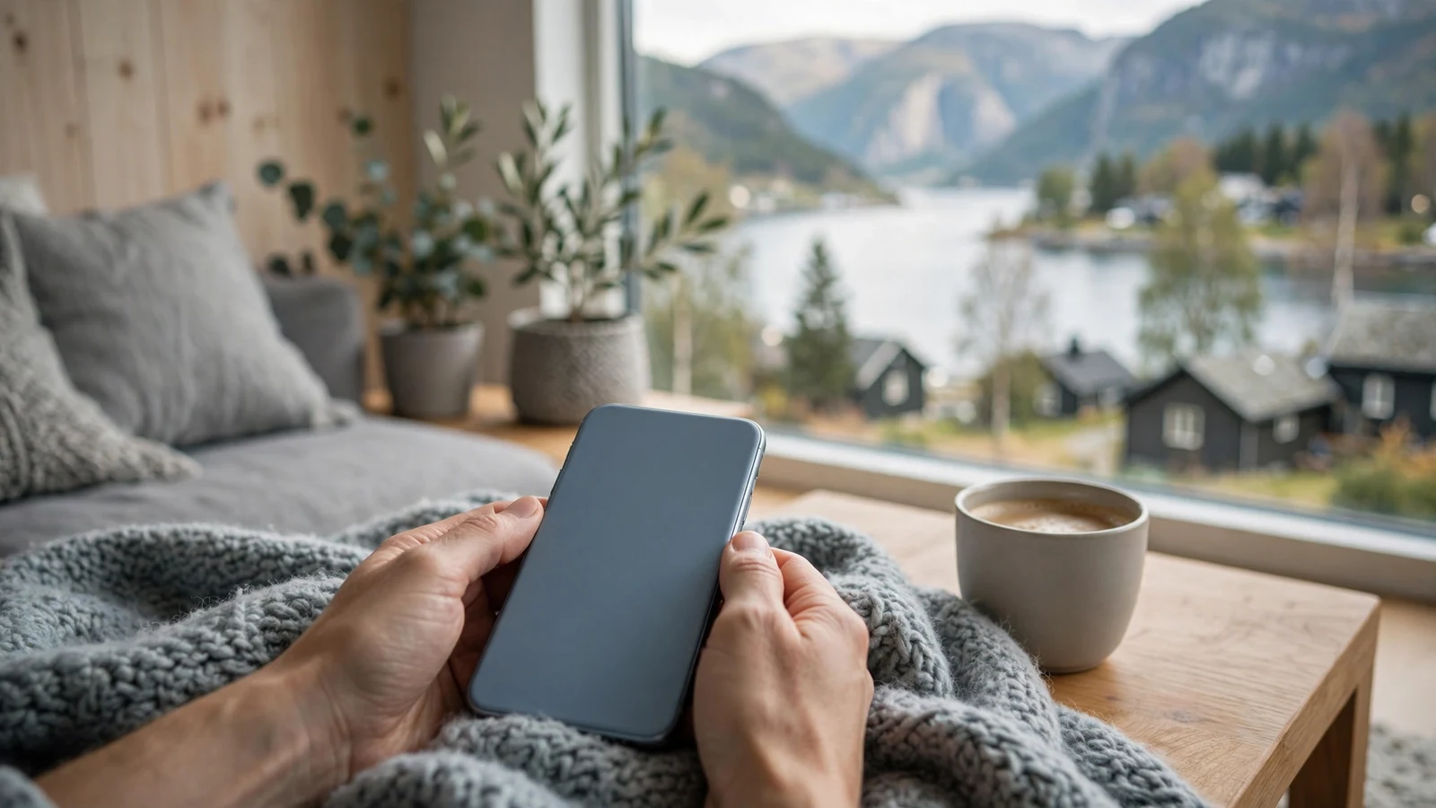 Mobilcasino: hånd som holder en smarttelefon hjemme i Norge