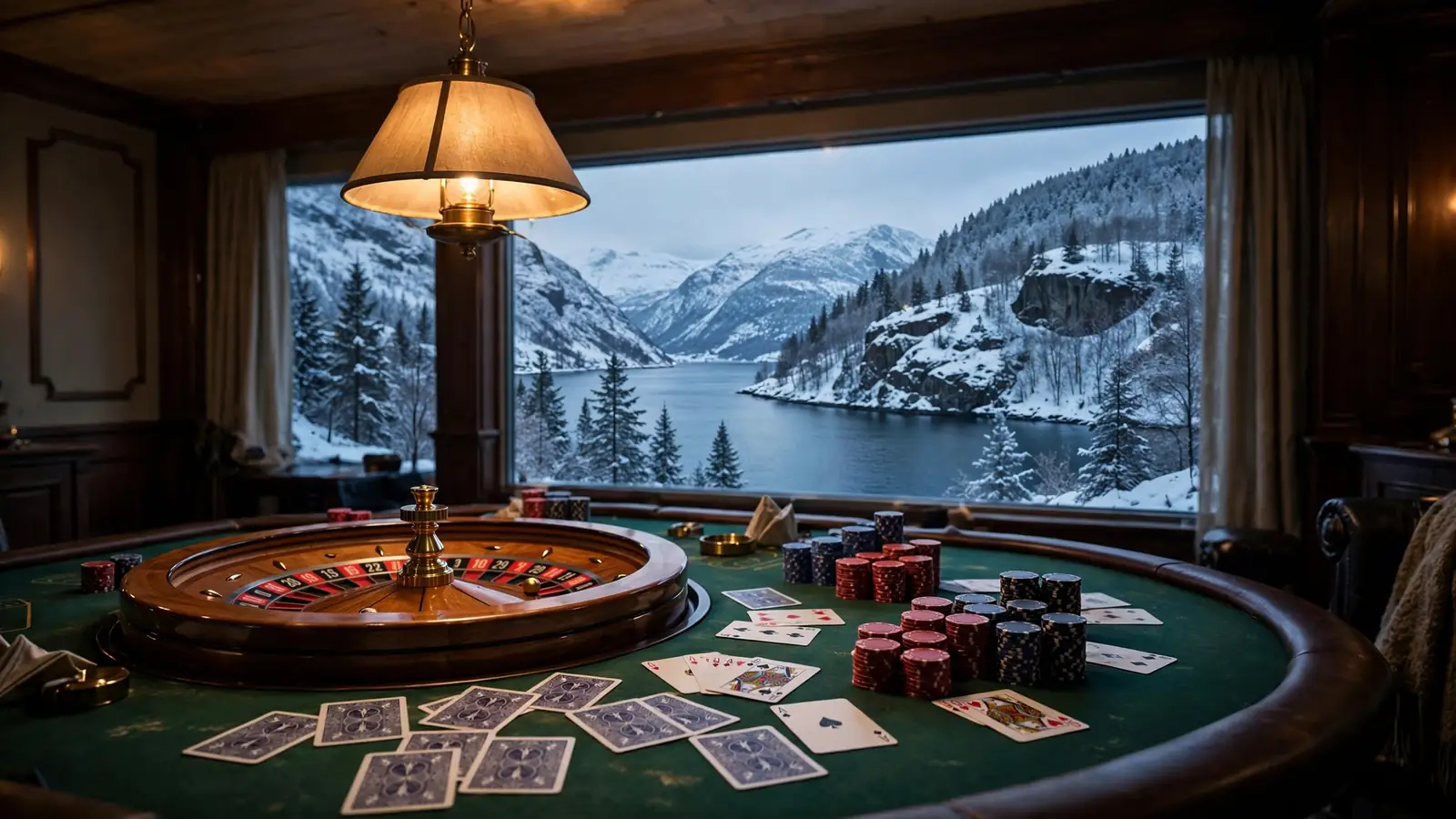 Elegant casino-bord med rulett og sjetonger, norsk fjord utenfor vinduet
