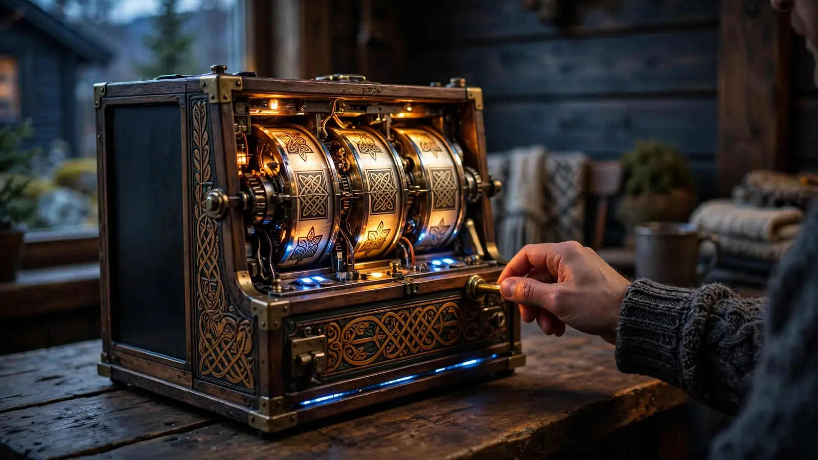Nærbilde av en mekanisk spilleautomat med lysende hjul i norsk interiør