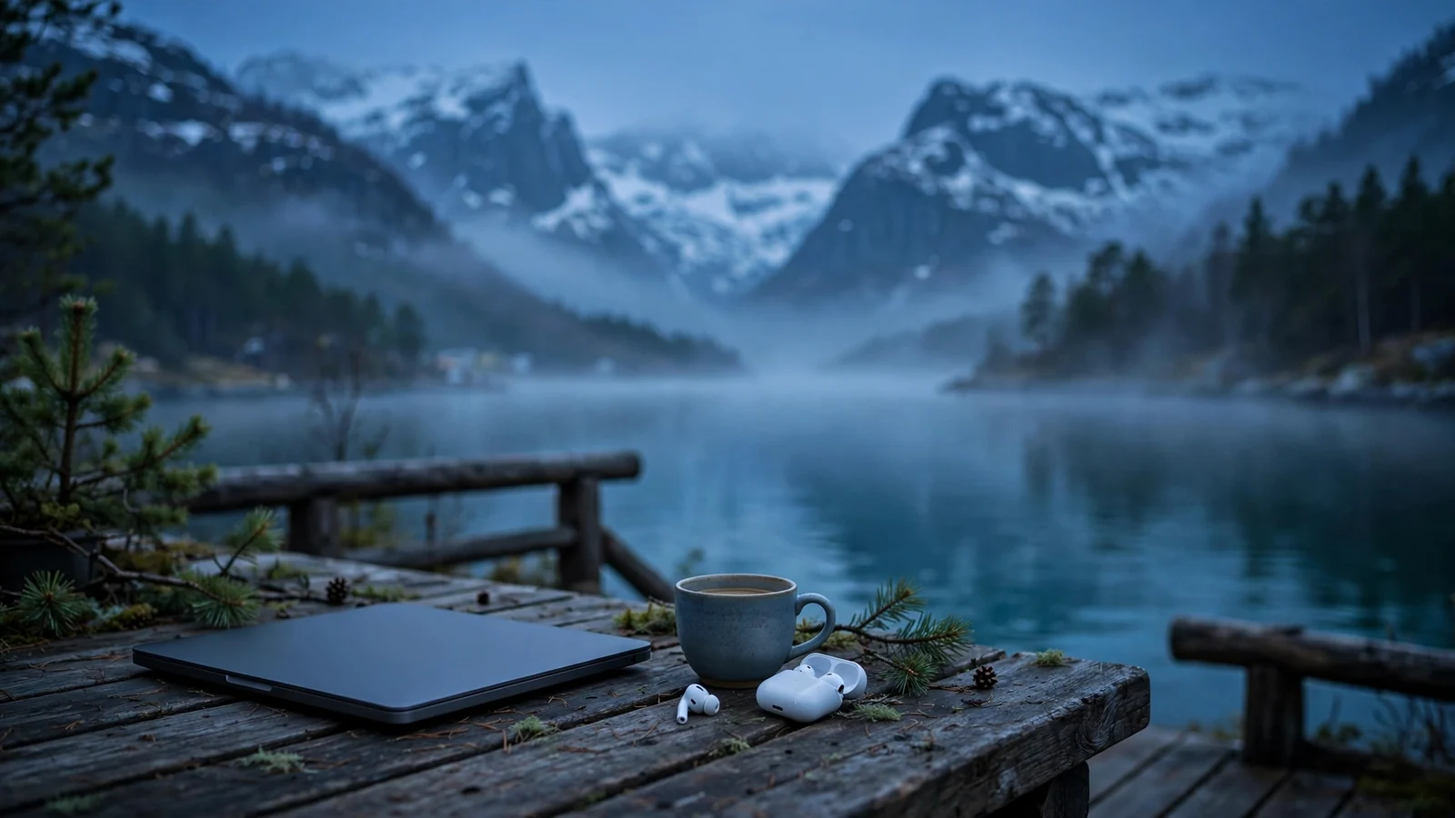 Moderne norsk fjord ved skumring med laptop på terrassen