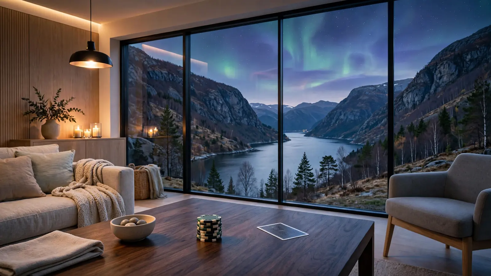 Moderne skandinavisk stue med panoramavindu mot norsk fjord og nordlys, casinobrikker på bordet.