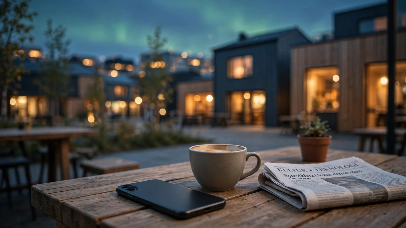 Moderne norsk kafé med telefon og kaffe ved skumringstid