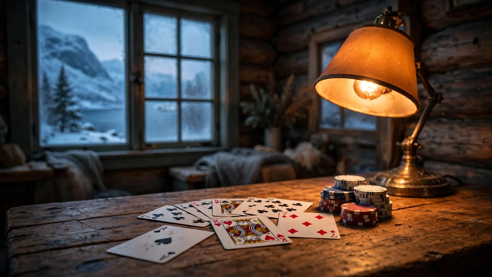 Spillekort og casinobrikker på et trebord i en norsk hytte ved skumring.