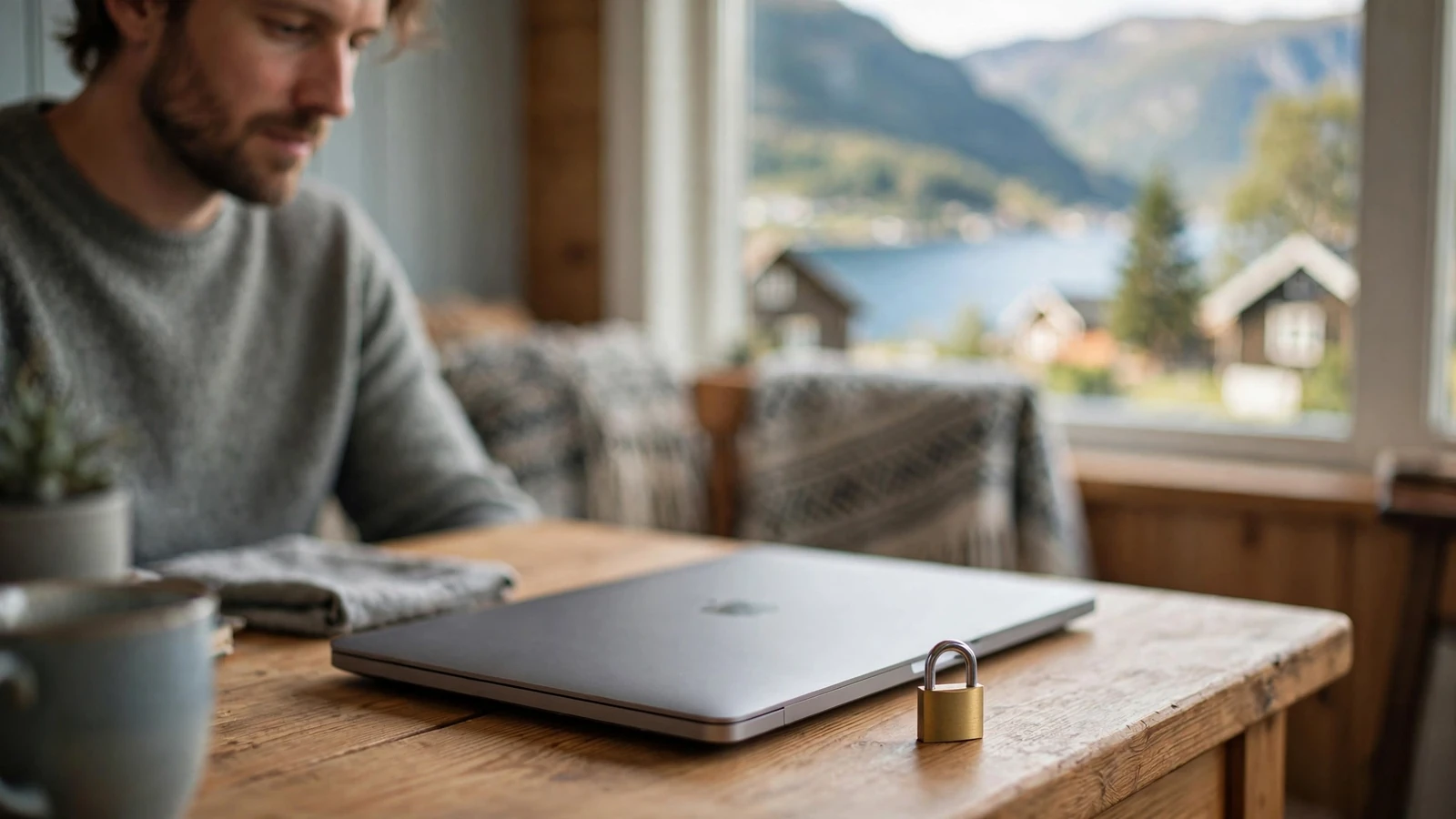 Lukket bærbar PC med hengelås på et skrivebord, personvern og datasikkerhet