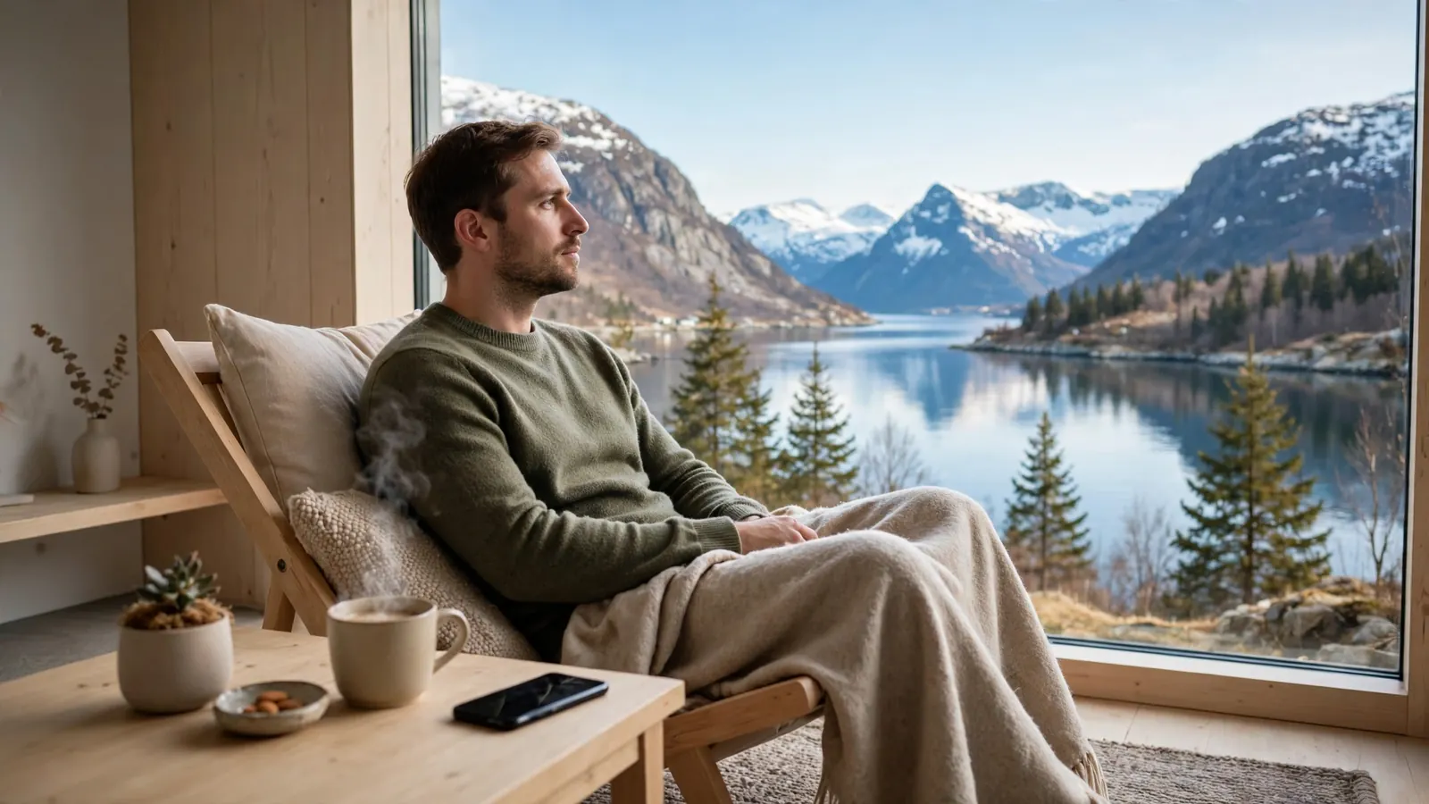 En person reflekterer ved vinduet i et moderne norsk hjem med telefonen vendt ned.