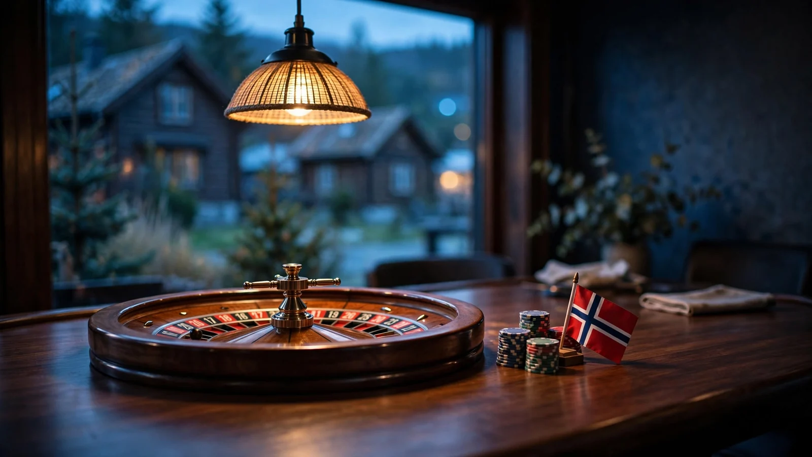 Roulettehjul på et norsk casino med norsk flagg ved siden av spillejetonger.