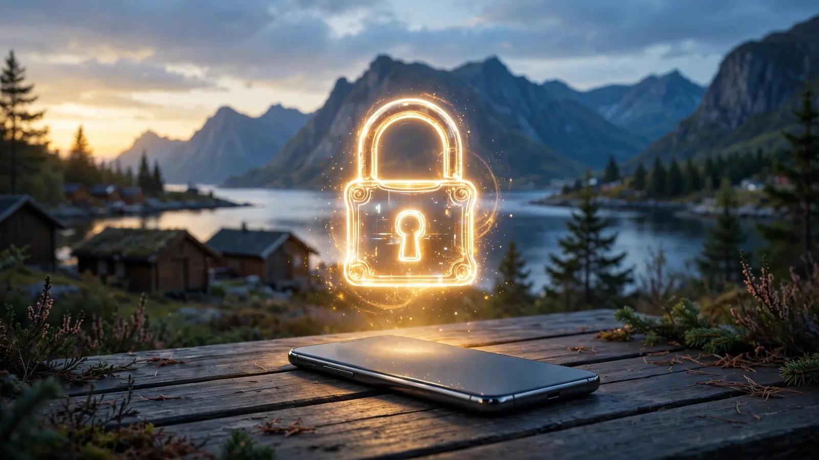Norsk fjordlandskap med hengelås og smarttelefon som symboliserer sikre nettkasinoer i 2026