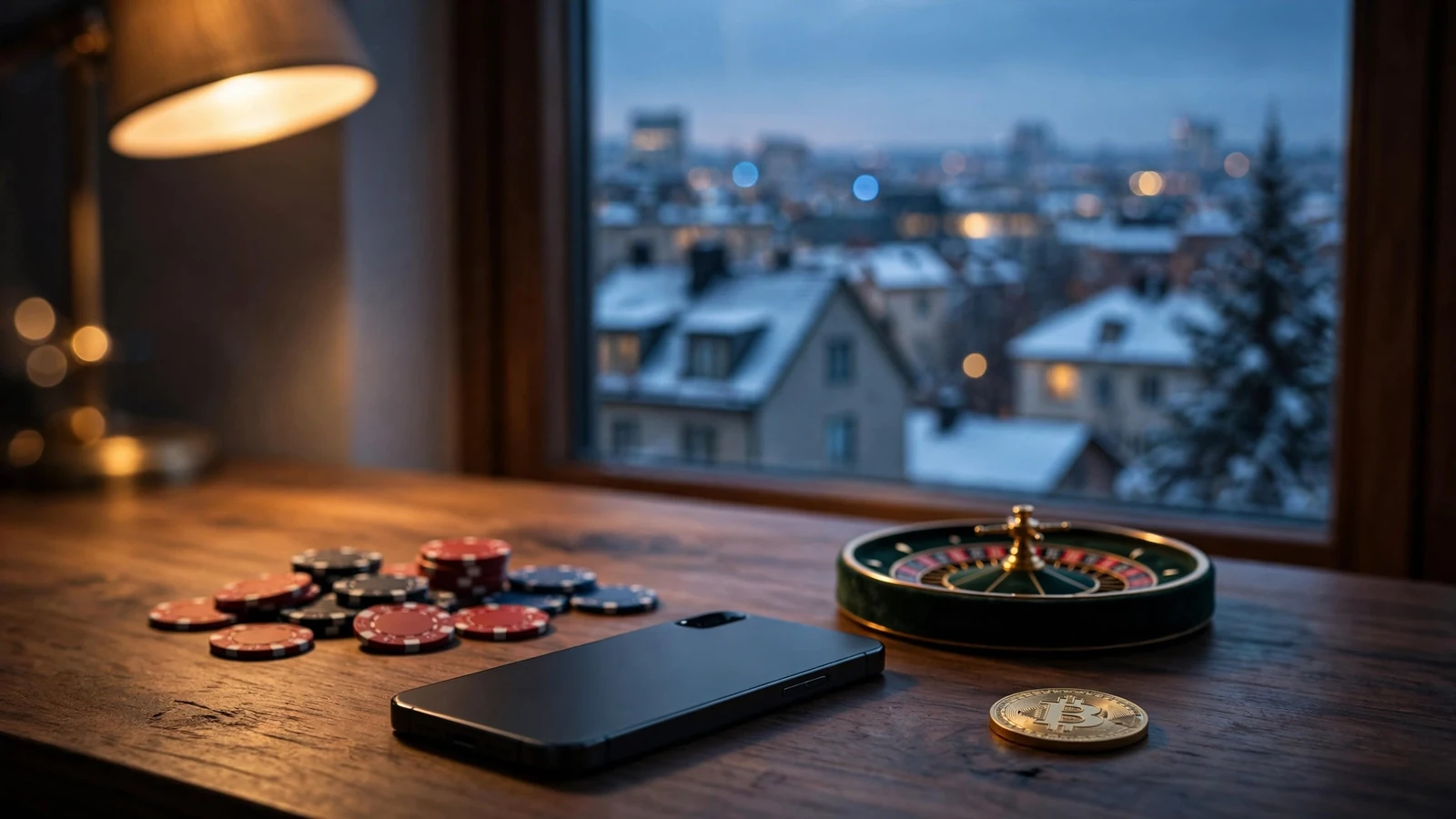 Smarttelefon med casinobrikker, roulettehjul og Bitcoin-mynt på skrivebord