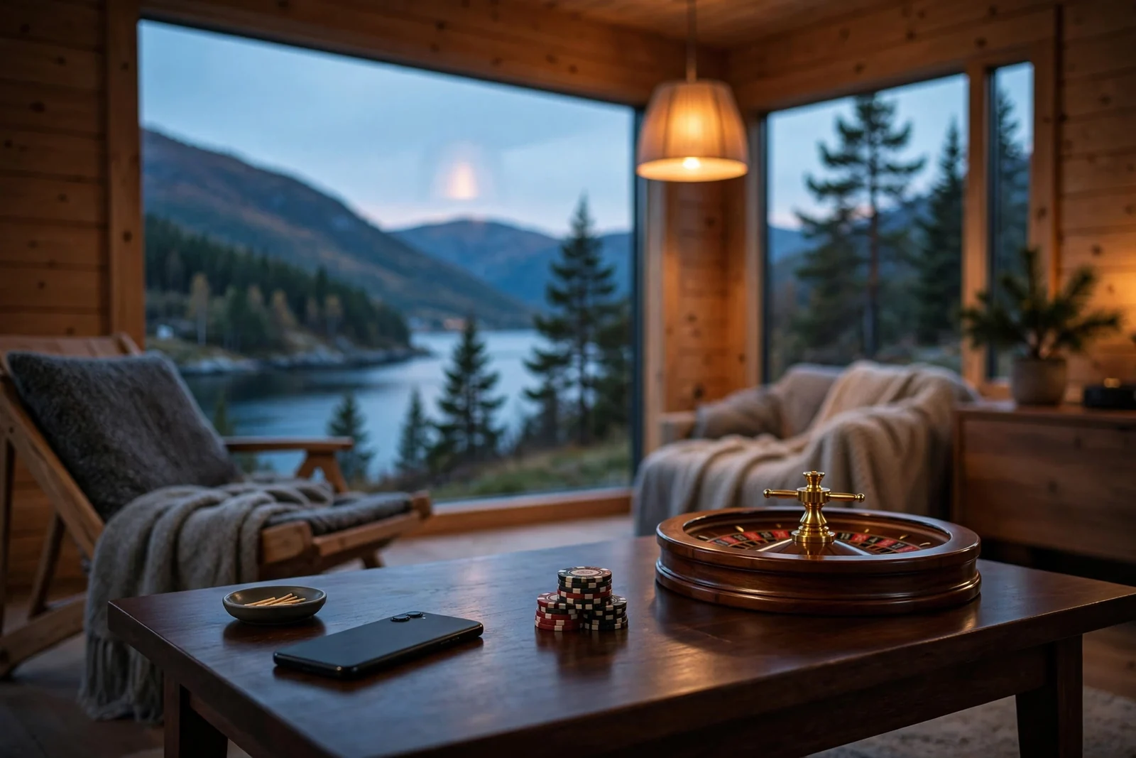 Moderne norsk lounge med casinospill-elementer og utsikt over fjord