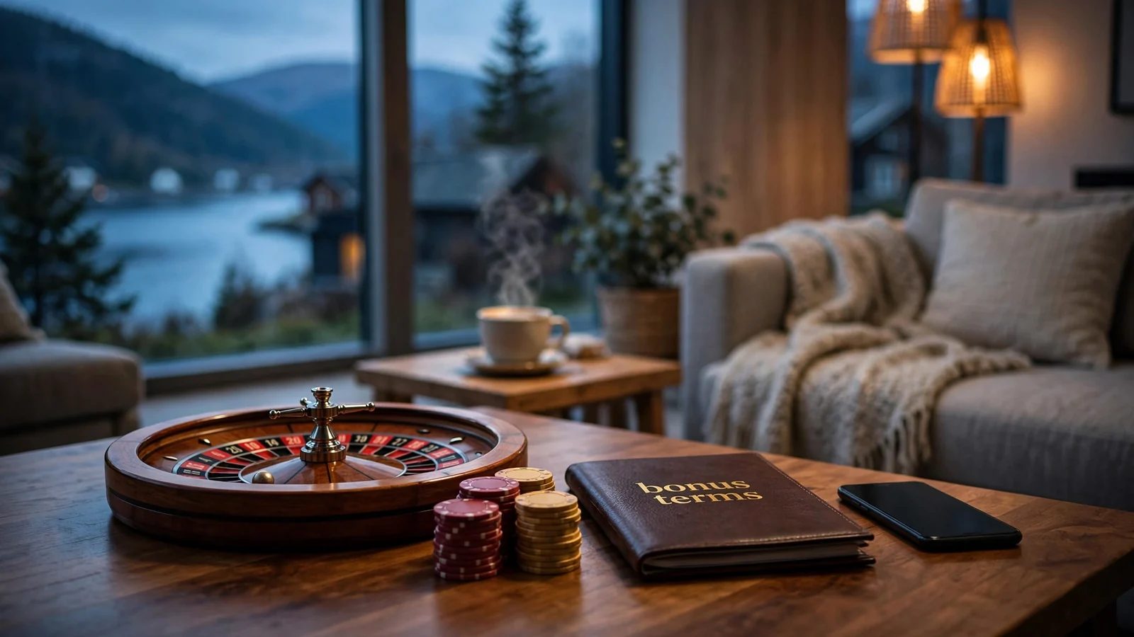 Roulettehjul og casinobrikker på et bord i en moderne norsk stue