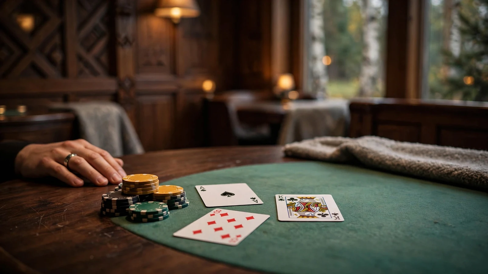 Blackjack-bord med kort og jetonger i norsk casinostil