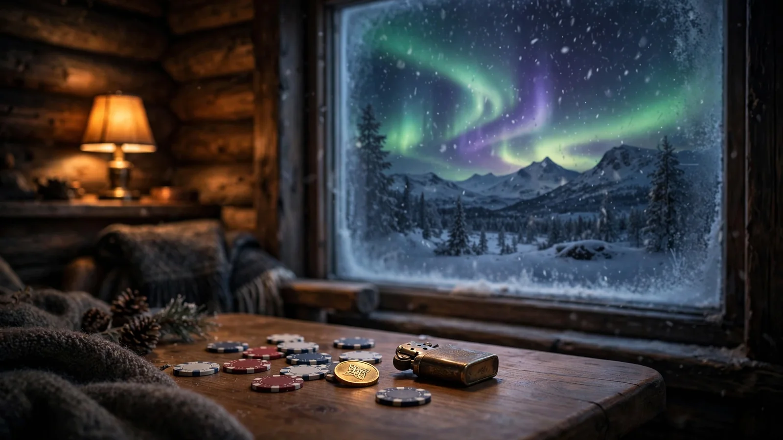 Norsk fjellhytte om natten med nordlys, casinobrikker på bordet
