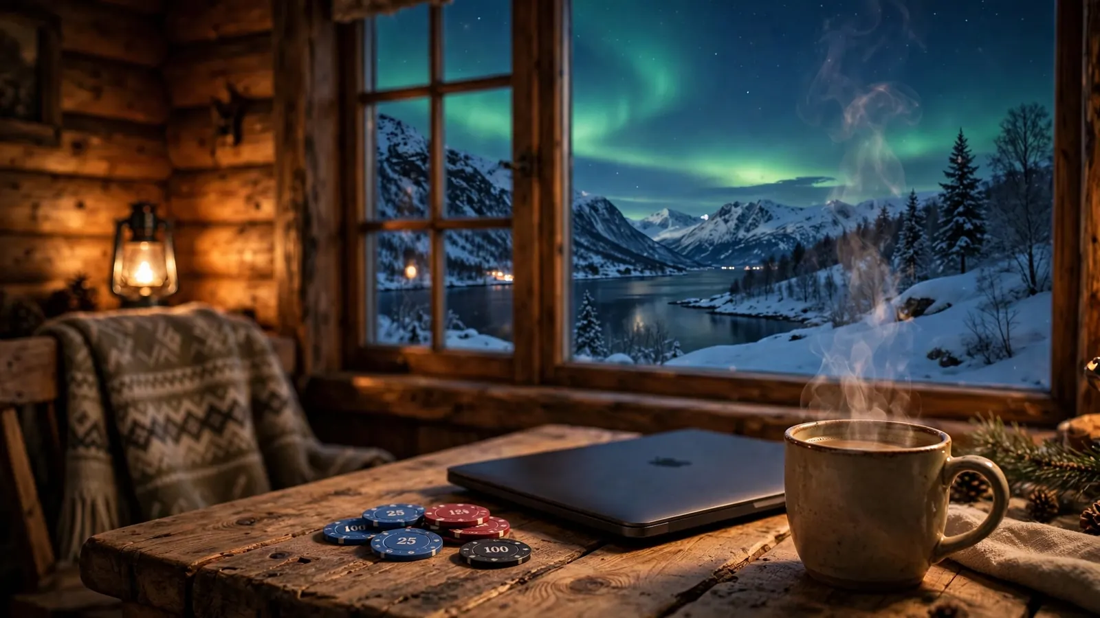 Norsk hytte om kvelden med casinobrikker og nordlys i bakgrunnen