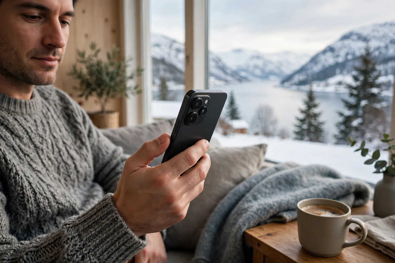 Person som holder en mobiltelefon i en norsk stue med snødekt fjord utenfor vinduet