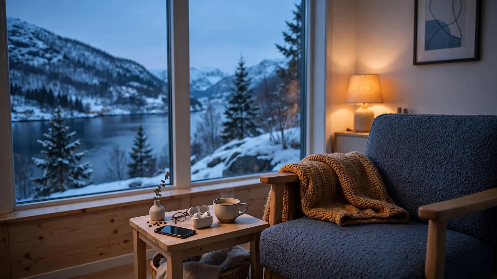 Moderne norsk stue ved skumring med telefon vendt ned ved siden av kaffekopp