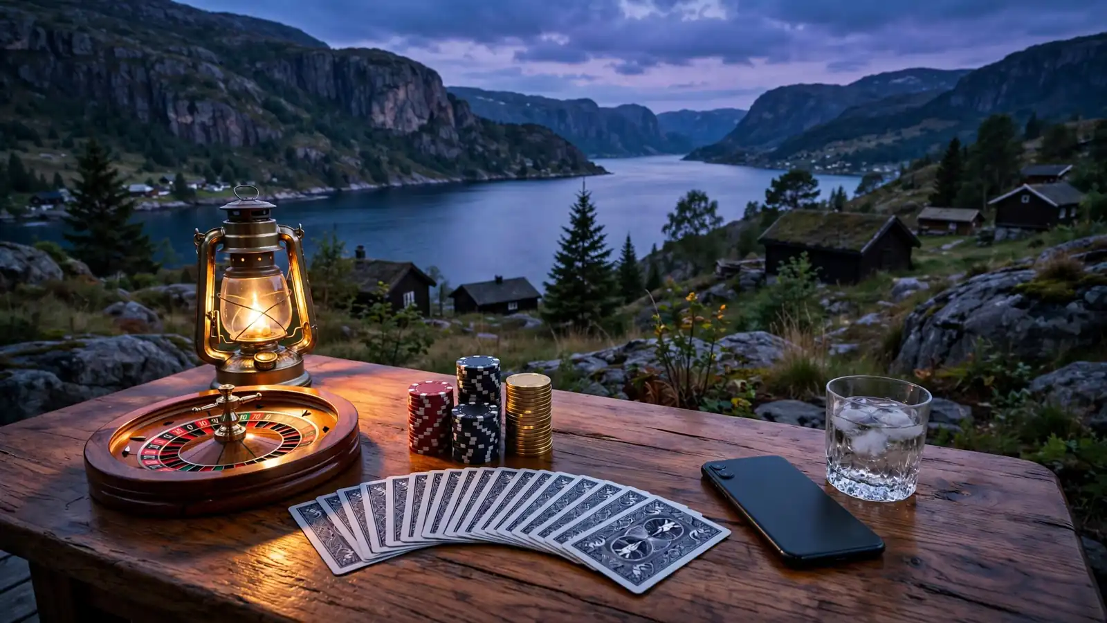 Norsk fjord ved skumring med roulettehjul og casinobrikker på bord