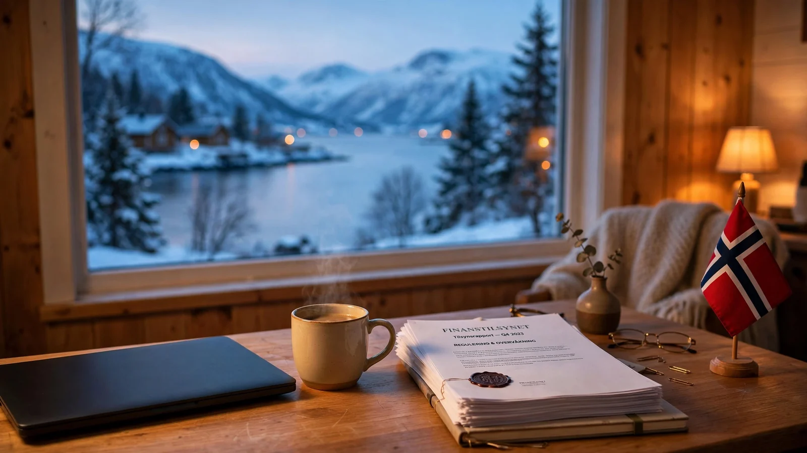 Norsk hjemmekontor med dokumenter, kaffekopp og lukket bærbar PC ved vindu mot fjord